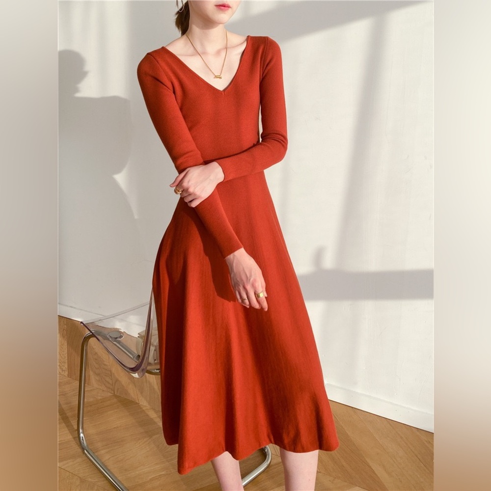 🍁Red Orange V-Neck Sweater Dress🍁